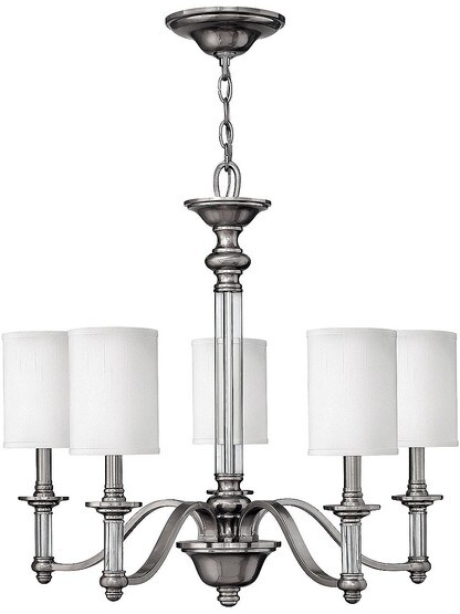 Sussex 5 Light Chandelier with White Fabric Cylinder Shades in Brushed Nickel.